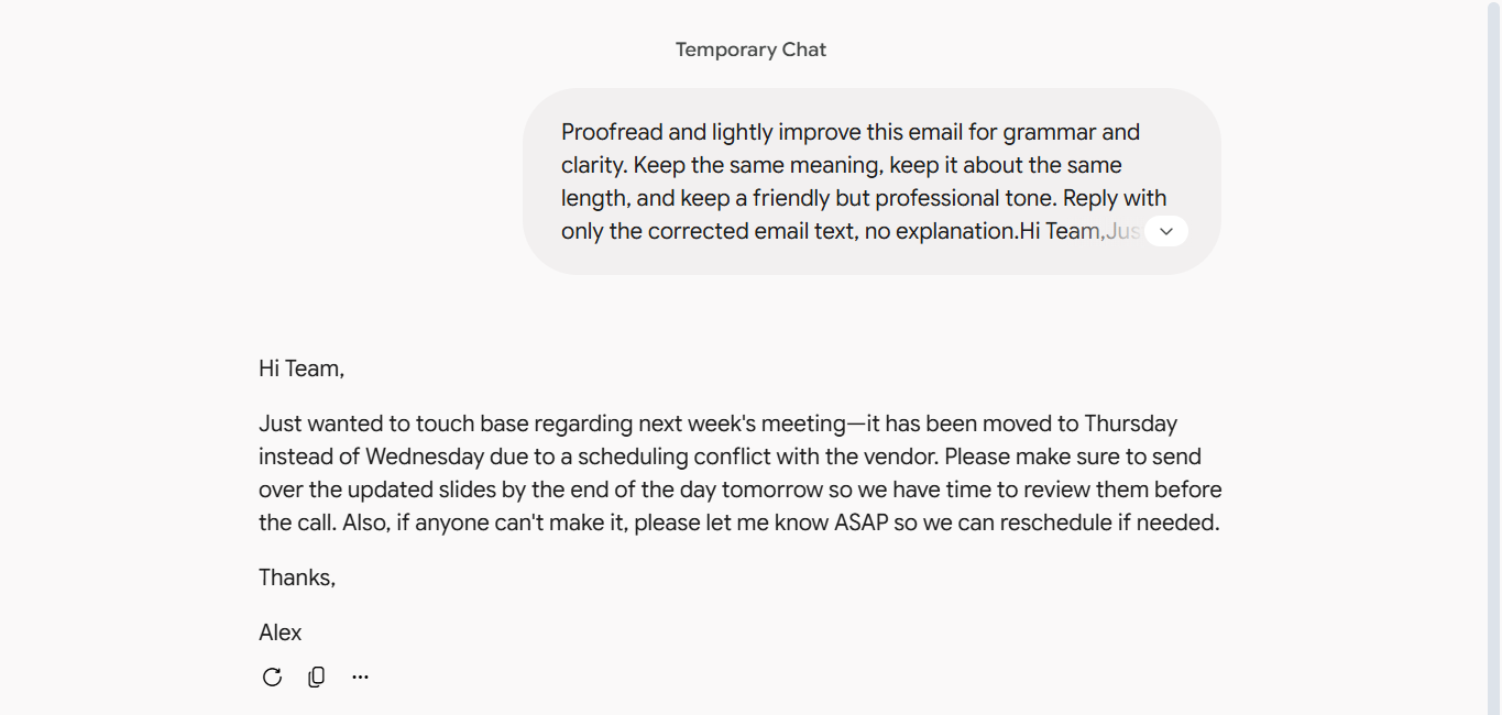 Paid Gemini's plain-text proofread reply shown in a temporary chat session